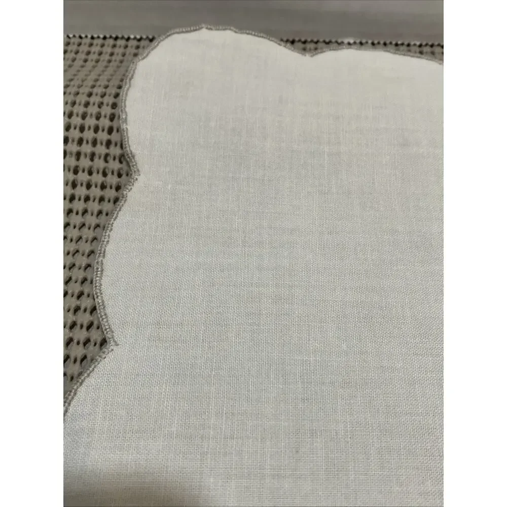 Cocktail Napkins Embroidered Scalloped Off-White Gray Silver Edge Set of 8